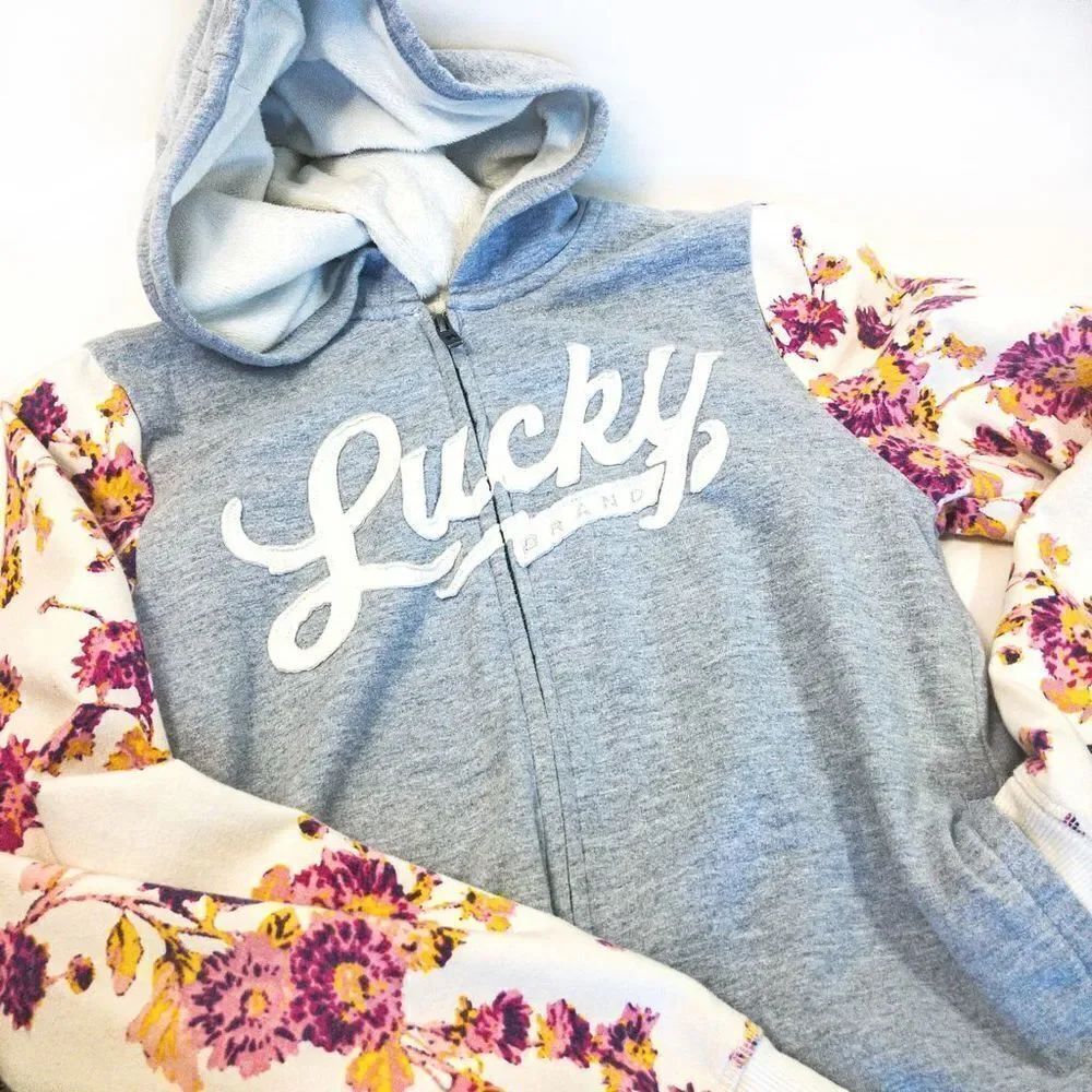 Lucky Brand Floral Sleeved Lined Hoodie Zip Jacket Sz L (Girl’s)